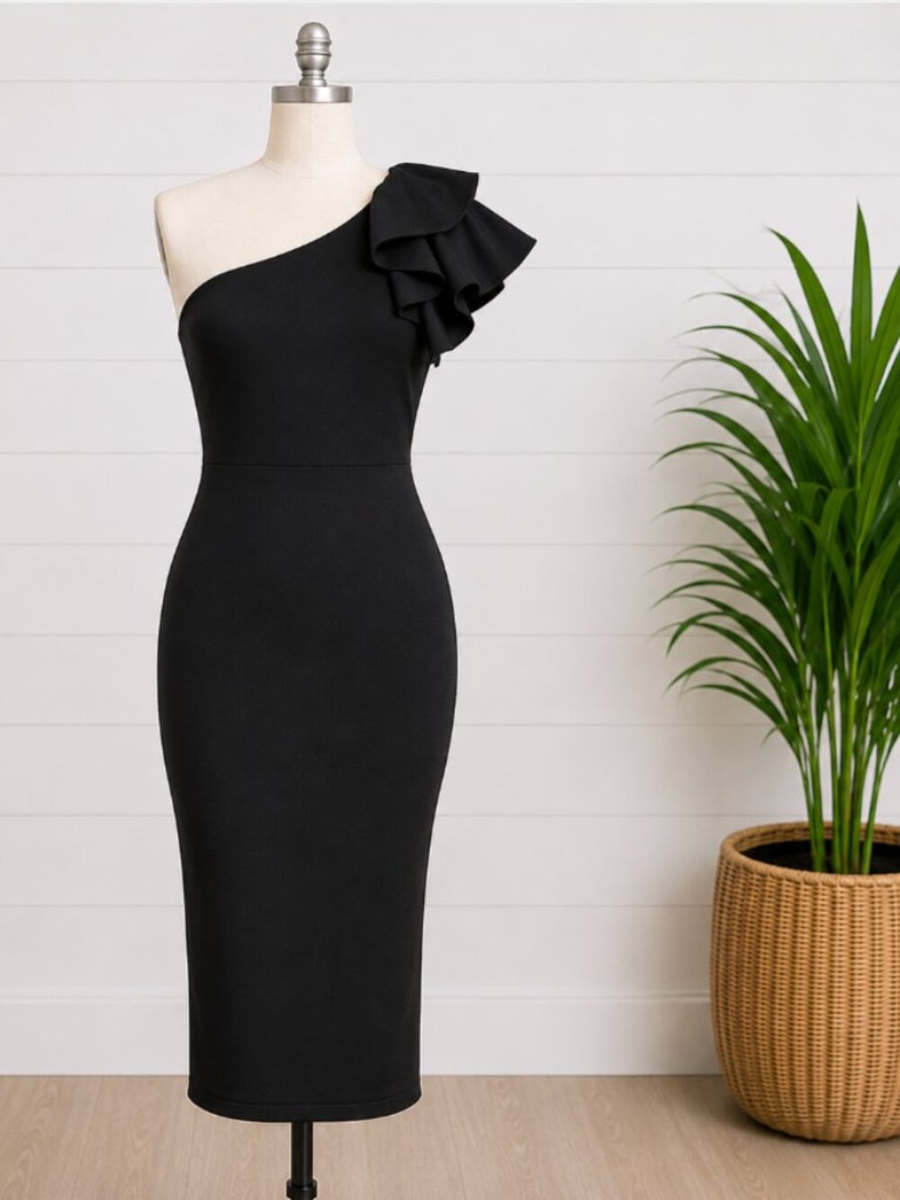 MOKORU Women's One Shoulder Ruffle Bodycon Midi Dress Size XXL Black NWT